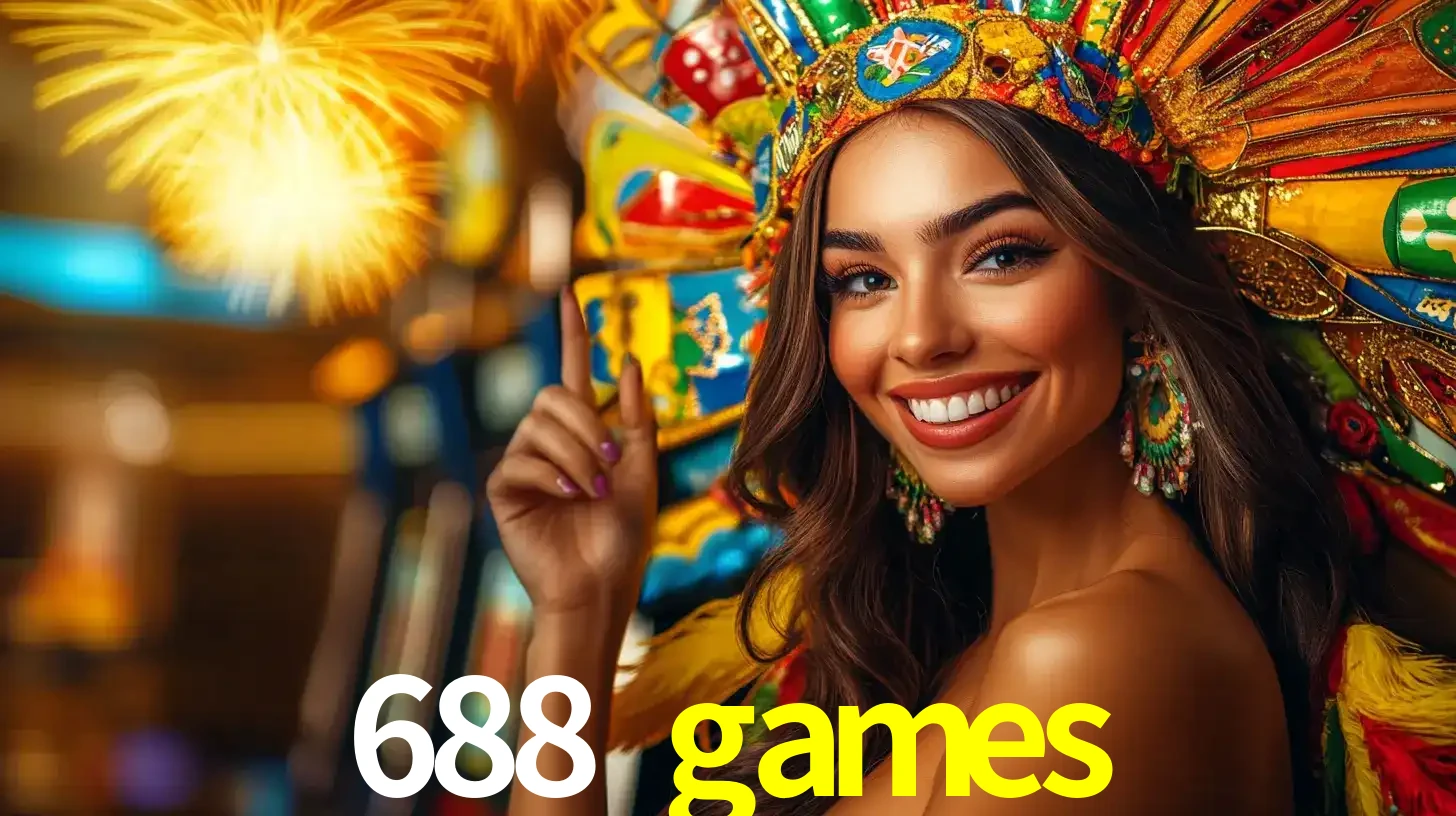 Mulher sorridente com um cocar de carnaval vibrante e colorido, celebrando uma grande vitória nos jogos do cassino 688 games com fogos de artifício ao fundo.