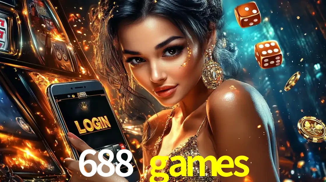 Mulher glamourosa segurando um celular com a tela de login do cassino 688 games, rodeada por dados e moedas douradas, pronta para começar a diversão.