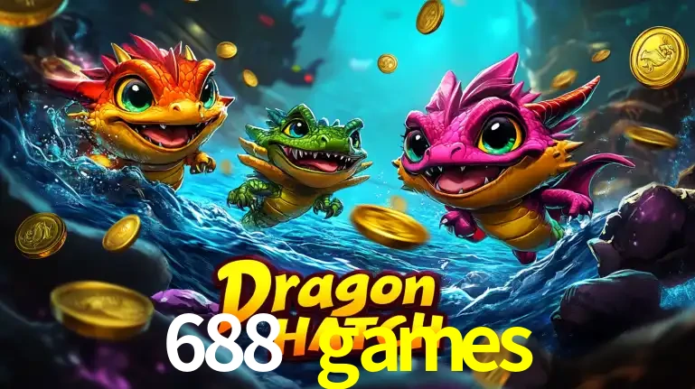 Arte promocional do jogo Dragon Hatch com três adoráveis dragões bebês nadando entre moedas de ouro, um dos slots mais divertidos para jogar no cassino 688 games.