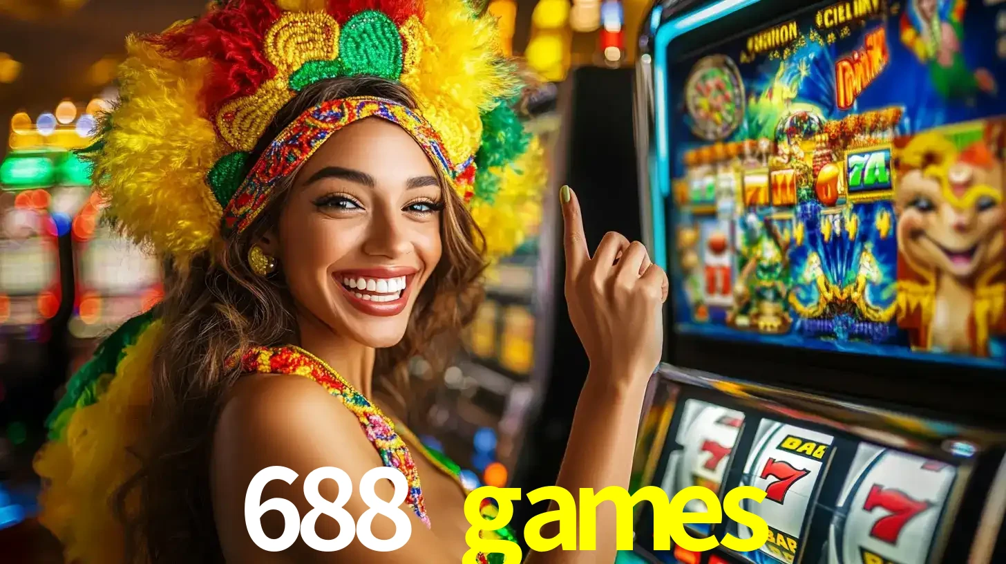 Mulher animada com um cocar de carnaval apontando para uma máquina de caça-níqueis, mostrando a emoção de ganhar um grande prêmio nos jogos do 688 games.