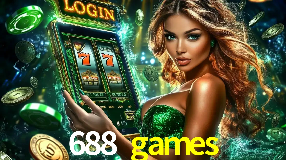Mulher com tema verde apresentando o aplicativo do cassino 688 games com um jogo de slot de 777, cercada por fichas de cassino e uma aura de sorte.