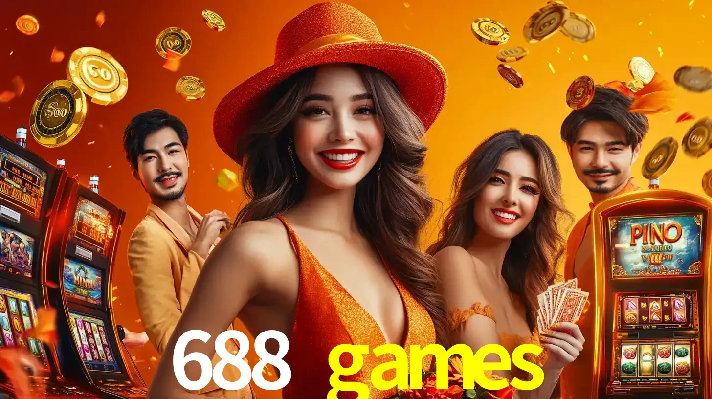Grupo de amigos asiáticos sorrindo e se divertindo com máquinas de caça-níqueis em um ambiente festivo, celebrando suas vitórias nos jogos de cassino do 688 games.