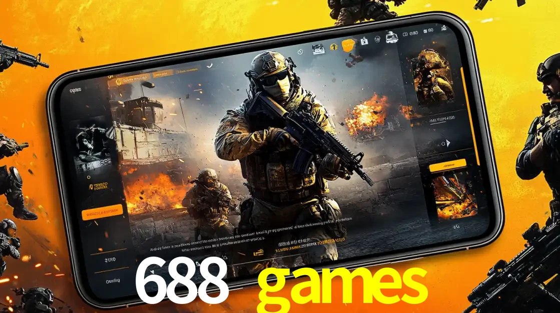 Um smartphone exibindo a interface de um jogo de tiro em primeira pessoa, com um soldado em um cenário de batalha, representando a ação dos e-sports para apostar no 688 games.