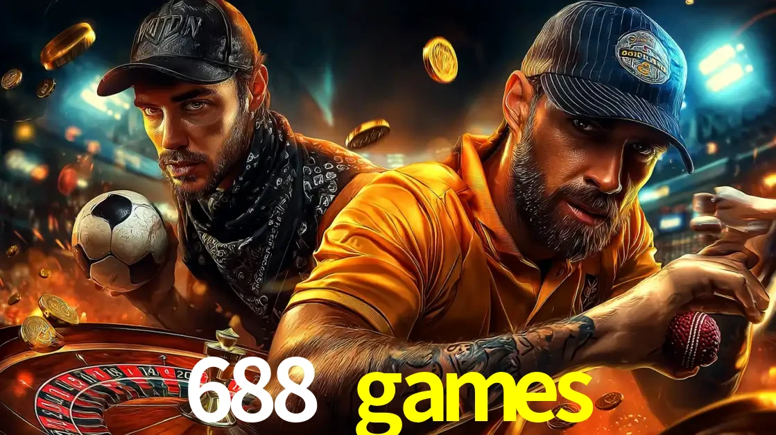 Montagem de apostas esportivas e cassino no 688 games, com um homem segurando uma bola de futebol e outro uma de beisebol sobre uma roleta e moedas voadoras.