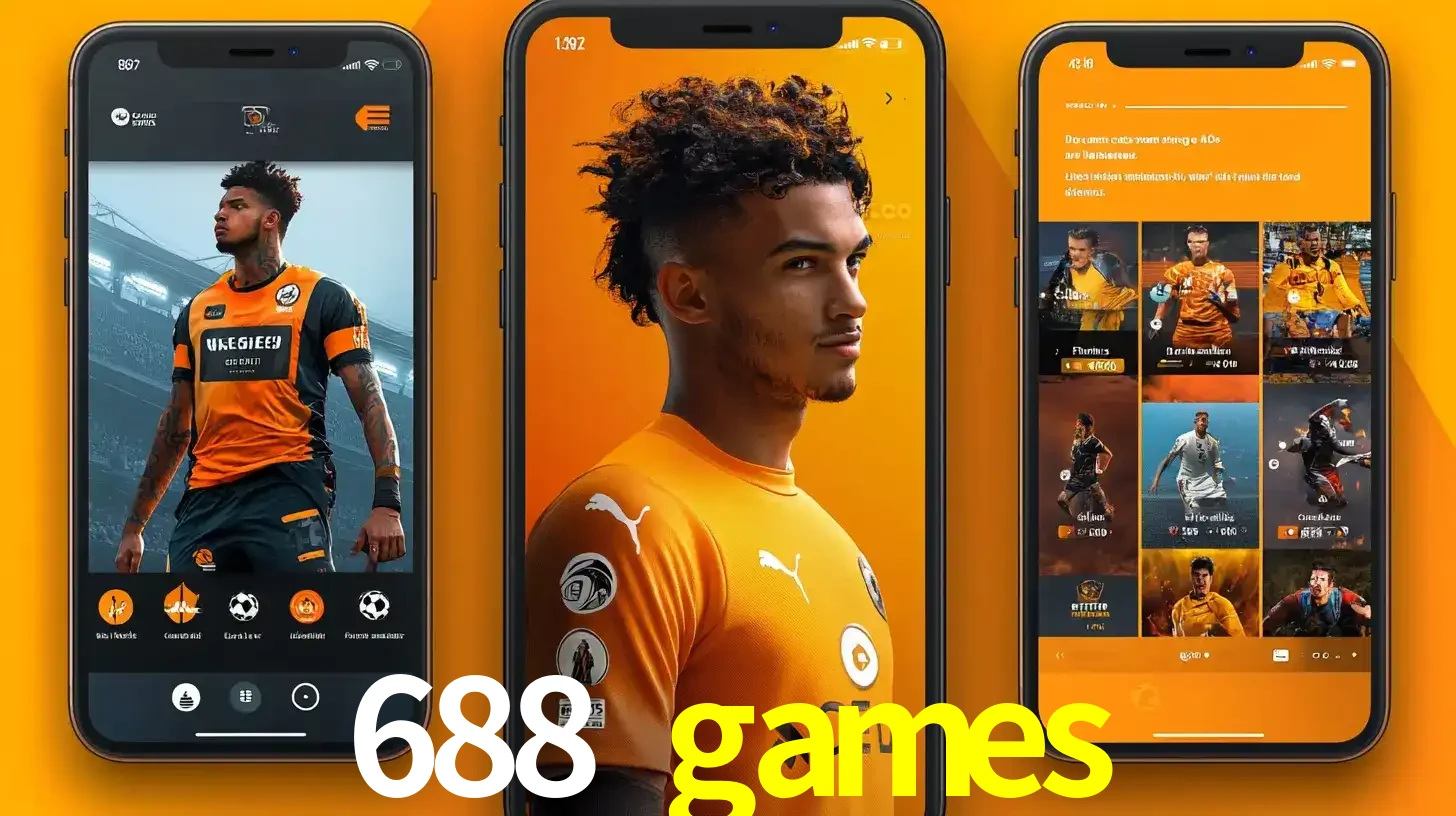 Interface do aplicativo de apostas esportivas 688 games em três telas de celular, mostrando o perfil de um jogador de futebol e a lista de jogos disponíveis para apostar.