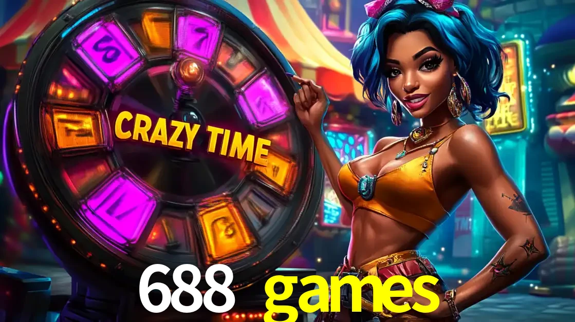 Mulher estilizada com cabelo azul e visual vibrante posando ao lado da roda de prêmios do game show Crazy Time, convidando para a diversão e os bônus do cassino 688 games.