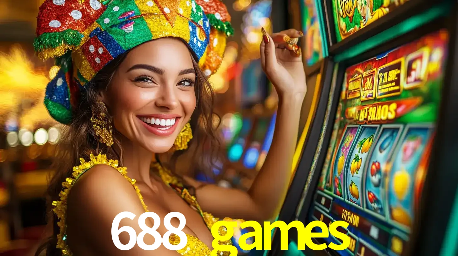 Mulher feliz com traje de carnaval amarelo e colorido ao lado de uma máquina de caça-níqueis, aproveitando a diversão e os jogos temáticos do cassino 688 games.