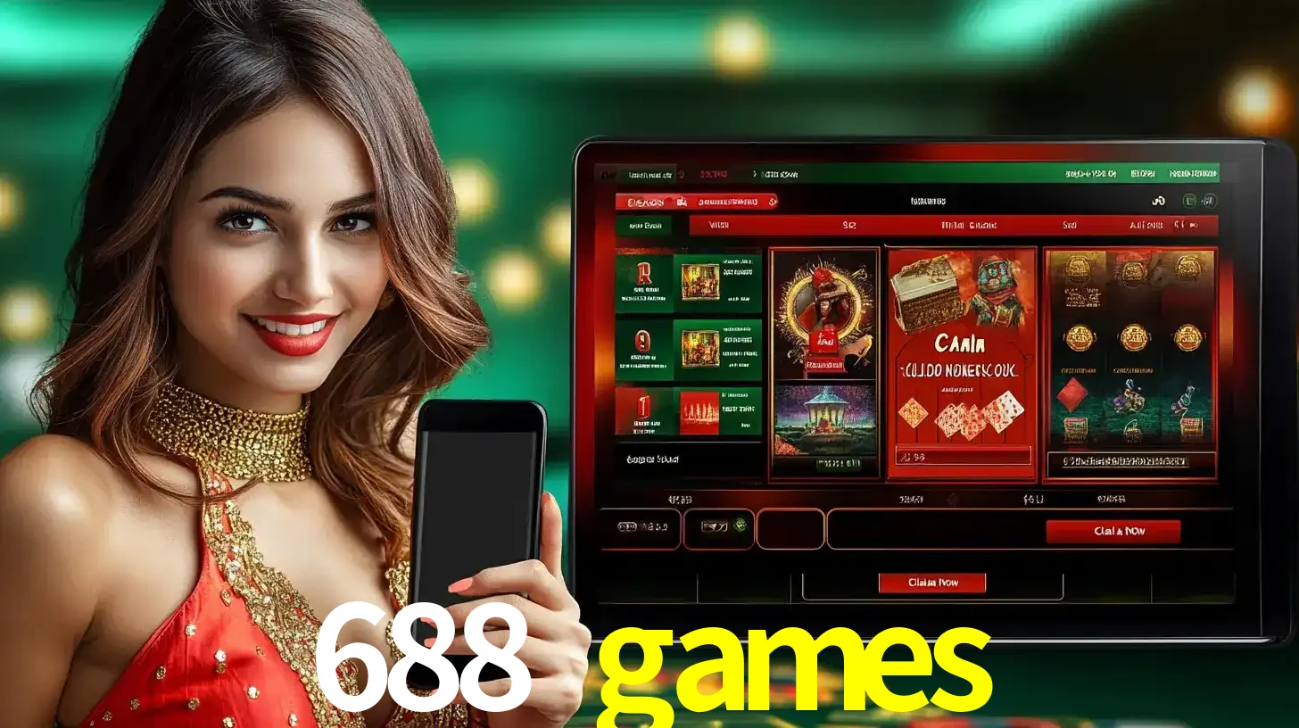 Mulher sorridente segurando um smartphone, ao lado de uma tela exibindo o lobby de jogos do cassino online 688 games, com várias opções de jogos de cartas e slots.